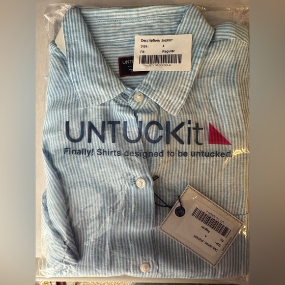 UNTUCKIT NWT Woman’s Sherry Aqua/White 100% Linen Button Down Shirt Size 4 - Picture 4 of 7